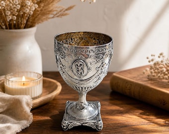 Vintage Silver Goblet Ornate Chalice Decorative Cup Baroque Style Engraved Metal Wine Cup Antique Home Decor Collectible