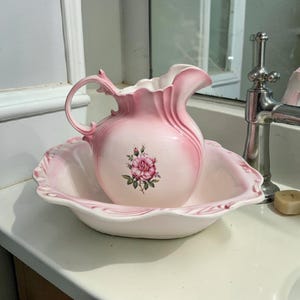 Vintage Pink Ceramic Wash Basin & Pitcher Set | Floral Cottagecore Bathroom Decor | Shabby Chic Vanity Jug and Bowl