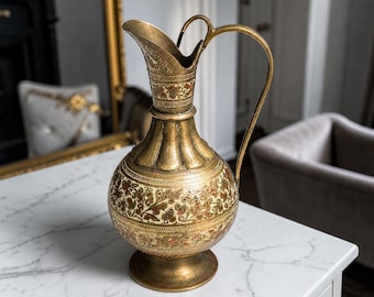 Vintage Brass Pitcher Engraved Floral Jug Indian Persian Style Etched Metal Vase Decorative Antique Home Decor Gold Tone