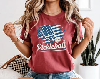 Comfort Colors Pickleball Shirt, USA Flag Paddle Graphic Tee
