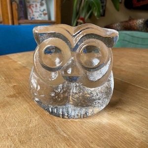Puede incluir: Una figura de búho de cristal transparente que presenta una cabeza lisa y redondeada con dos grandes ojos circulares y un pico puntiagudo. El cuerpo del búho tiene un acabado de superficie texturizado y granulado, mientras que la parte superior de la cabeza muestra dos pequeños y sutiles mechones de orejas.