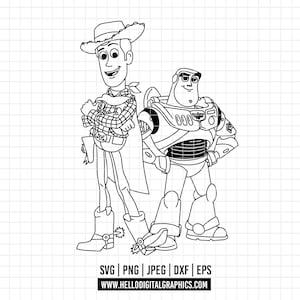 Può includere: Disegno a tratto nero e bianco di Woody e Buzz Lightyear di Toy Story. Woody indossa un cappello da cowboy, un gilet e stivali. Buzz è in tuta spaziale. L'immagine include informazioni sul tipo di file: SVG, PNG, JPEG, DXF, EPS e un indirizzo web.