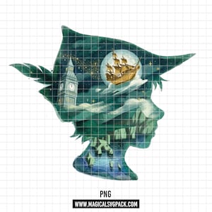 Pode incluir: Uma silhueta gráfica de uma pessoa com um gorro de penas, preenchida com uma cena em aguarela azul-petróleo escuro com um veleiro dourado, lua cheia, nuvens e a torre do relógio Big Ben, com o texto WWW.MAGICALSVG.COM na parte inferior.