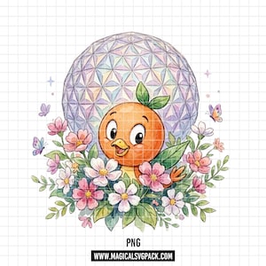 May include: A digital illustration of a round orange bird character with green leaves on its head, positioned in front of a large geodesic dome structure. The bird is surrounded by pink and white flowers, green foliage, and small butterflies.