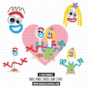 May include: A bundle of five cartoon character designs. The characters are made to look like a fork and spoon with faces and arms. One design features two characters inside a pink heart. The text "5 PACK BUNDLE" and website address are also included.