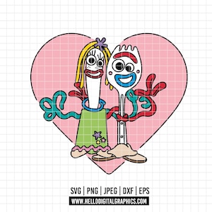 May include: A cartoon illustration of two anthropomorphic sporks, one with blonde hair and a green dress, the other with a blue mouth and a white body, embracing inside a pink heart. The image includes the text "SVG | PNG | JPEG | DXF | EPS" and "WWW.HELLODIGITALGRAPHICS.COM".