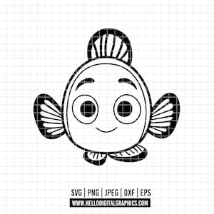 May include: Black and white cartoon illustration of a clownfish with large eyes and fins. The image includes the file types SVG, PNG, JPEG, DXF, and EPS, along with the website address www.hellodigitalgraphics.com.