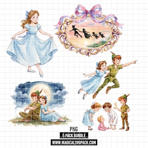 Puede incluir: Un conjunto de ilustraciones digitales con personajes de Peter Pan, incluyendo una niña con vestido azul, una escena de silueta enmarcada, figuras voladoras, una pareja bajo la luna y niños. Texto: PNG 5 PACK BUNDLE.