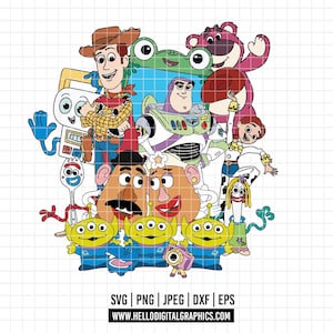 May include: A vibrant digital illustration of characters from the animated film Toy Story. The image includes Woody, Buzz Lightyear, Mr. and Mrs. Potato Head, aliens, and other characters. The image has the text "SVG | PNG | JPEG | DXF | EPS" and "WWW.HELLODIGITALGRAPHICS.COM".