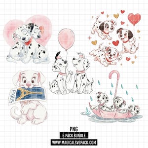 Pode incluir: Um conjunto de ilustrações digitais com cachorros dálmatas em várias cenas, incluindo dois a abraçar-se perante um coração cor-de-rosa, outros com balões, um a segurar um postal de Paris e três sentados num guarda-chuva cor-de-rosa à chuva.