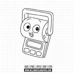 May include: A black and white cartoon illustration of a digital scale with a smiling face. The scale has a handle and a display screen with three buttons below. The image includes the text "SVG | PNG | JPEG | DXF | EPS" and the website address.
