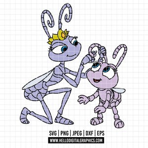 May include: A digital illustration of two light purple ants with large blue eyes. The larger ant wears a yellow crown and touches the antenna of the smaller ant. Text at the bottom reads SVG | PNG | JPEG | DXF | EPS WWW.HELLODIGITALGRAPHICS.COM.