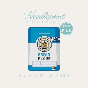 K&ouml;nnte beinhalten: Ein digitales Kreuzstichmuster mit einem pixeligen Design eines Brotmehlbeutels. Der Beutel ist blau und wei&szlig; mit den Worten "Bread Flour" und den Ma&szlig;en 6,8 x 9,7 cm. Das Muster ist eine PDF-Datei.