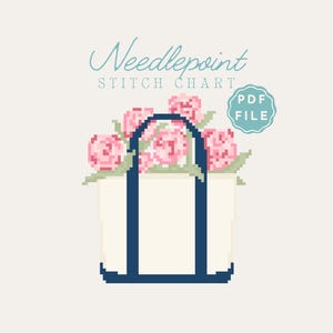 Floral Navy Boat Tote Needlepoint Chart | Preppy Floral NDLPT Pattern (PDF Download)