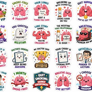 May include: A collection of twenty colourful stickers featuring cartoon lungs with various expressions and motivational text related to quitting smoking, including phrases like Breathing Like a VIP, Smoke-Free & Thriving, and Quit Happens.