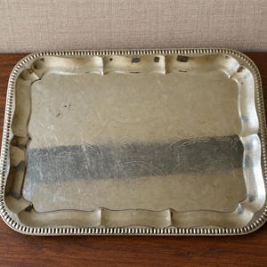 Vintage Rectangular Silver Tone Tray, Floral Scrollwork & Decorative Rim, 14 Inch Vanity or Table Display