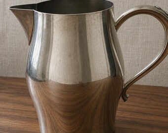 May include: A polished silver-toned metal pitcher featuring a wide, rounded body, a prominent pouring spout, and a curved handle. The surface of the pitcher is smooth and reflective, showing light highlights across its curved exterior form.