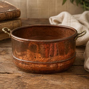 May include: A round copper pot with brass handles. The pot has a weathered, aged appearance with visible patina. The interior is dark, and the exterior shows variations in color. The pot sits on a wooden surface, suggesting a rustic or vintage aesthetic.