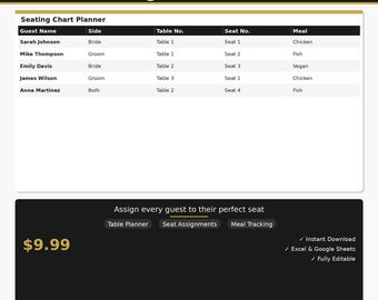Wedding Seating Chart Planner | Excel & Google Sheets | Guest Seating Spreadsheet | Instant Download