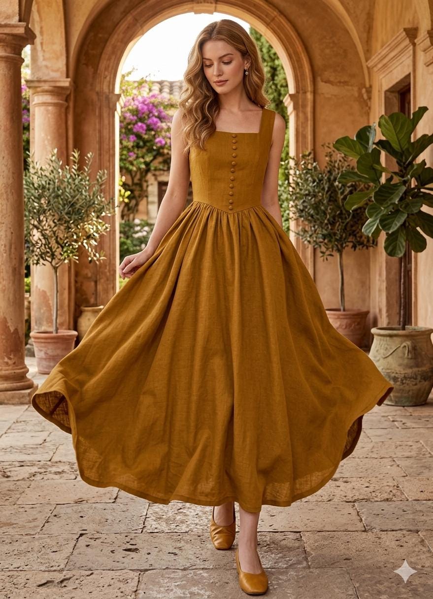 chinese dress ladies Uriah Dress in Mustard Marigold Linen XL main image 1