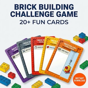 May include: A game set featuring "BRICK BUILDING CHALLENGE GAME" and "20+ FUN CARDS". The image displays colourful challenge cards with building tasks, alongside toy building bricks in various colours. The cards include challenges such as "CHAOS" and "LIMIT RULE".