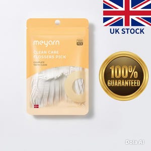 May include: A packet of "meyarn" brand floss picks, with the text "Clean Care Flossers Pick" and "Complete Teeth Clean". The package contains 100 picks. A gold seal reads "100% Guaranteed". A UK flag and the words "UK Stock" are also visible.