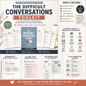 Puede incluir: El Difficult Conversations Toolkit incluye 7 libros de trabajo con más de 80 páginas imprimibles y digitales. Contiene guiones de conversación, un desafío de 30 días y guías de referencia para establecer límites y manejar conflictos.
