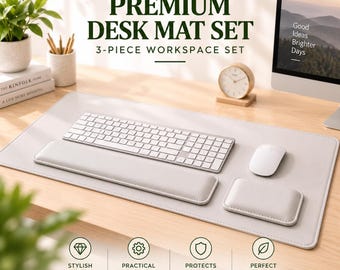 May include: A light gray 3-piece desk mat set including a large rectangular desk pad, a long keyboard wrist rest, and a smaller mouse wrist rest. The set is displayed on a wooden desk with a white keyboard and a white computer mouse placed on top.