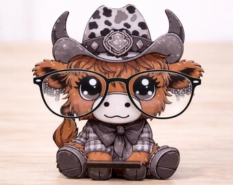 Cowboy Cow Glasses Holder | Cute Western Eyeglass Stand | Wooden Animal Glasses Holder | Funny Desk Decor | Gift for Him Her