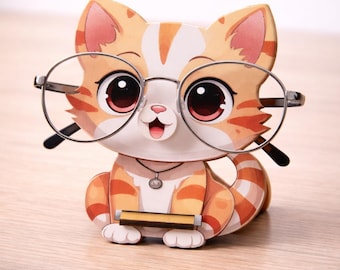 Cute Cat Glasses Holder | Wooden Eyeglass Stand | Kawaii Animal Glasses Organizer | Desk Decor Gift for Cat Lovers | Sunglasses Display