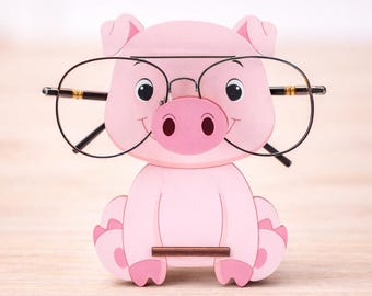 Pig Glasses Holder Stand | Cute Animal Eyeglass Holder | Wooden Desk Organizer | Funny Glasses Rack | Gift for Him Her | Office Decor