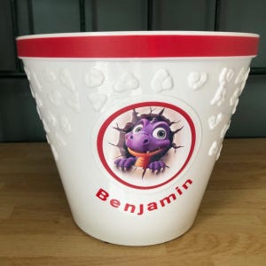 May include: White plastic bucket with a red rim and a cartoon dragon graphic. The bucket has a repeating cloud pattern and the name "Benjamin" in red text.
