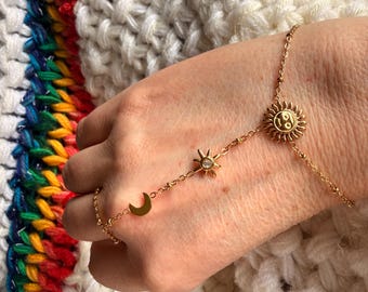 Gold Celestial Hand Chain Bracelet, Sun Moon Star Hand Harness, Boho Jewellery