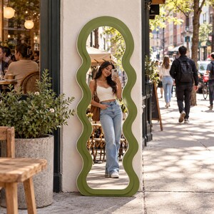 Sage Green Wavy Decorative Mirror, Organic Shape Plexiglass Mirror