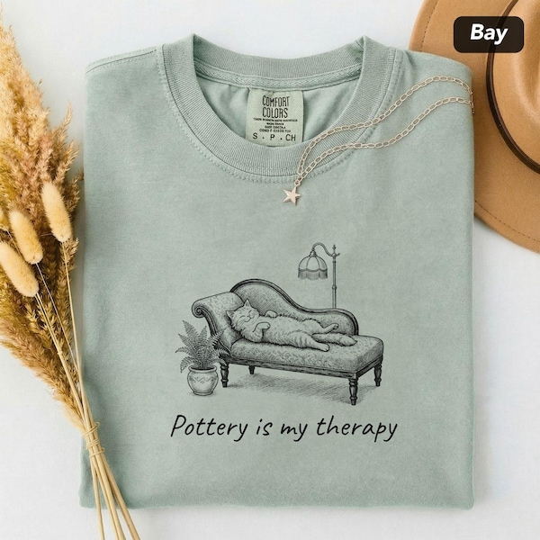 Pottery Is My Therapy Comfort Colors Tee - Vintage Cat Illustration