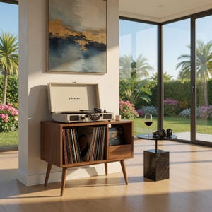 Mid Century Modern Record Player Stand, Vinyl Storage Cabinet, Wood Turntable Stand with Drawer, HiFi Audio Media Console, Record Shelf Unit