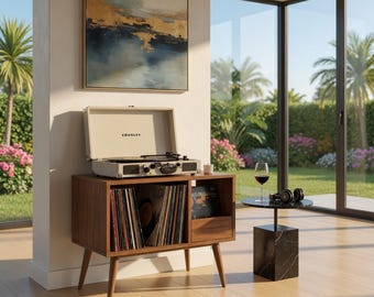 Soporte para tocadiscos de estilo moderno de mediados de siglo, mueble para guardar vinilos, soporte de madera para tocadiscos con cajón, consola multimedia de audio HiFi, estantería para discos.