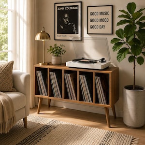 Förvaringsskåp för vinylskivor i modern stil för mitten av århundradet, elegant skivspelare med skivfack, minimalistisk mediakonsol, skivspelare
