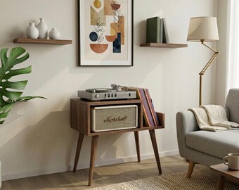 Mid Century Record Player Stand with Vinyl Storage, Minimalist MDF Music Stand, Turntable Table, Vinyl Organizer, Audiophile Gift