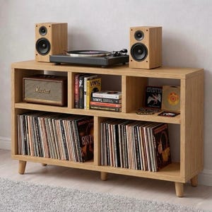 Mid Century Modern Turntable Stand Vinyl Record Storage Cabinet  Solid Wood Record Player Stand with Media Console  Audiophile Gift