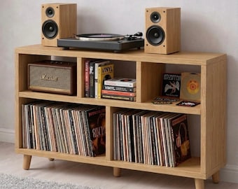 Stojak na gramofon w stylu Mid Century Modern, szafka do przechowywania płyt winylowych, solidny drewniany stojak na gramofon z konsolą multimedialną, prezent dla audiofila