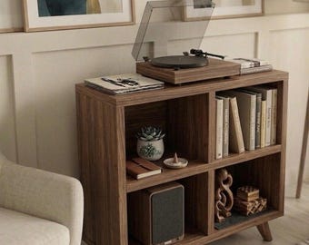 Mid Century Record Player Stand with Vinyl Storage, Turntable Cabinet, LP Organizer Shelf, Modern Vinyl Record Storage Furniture