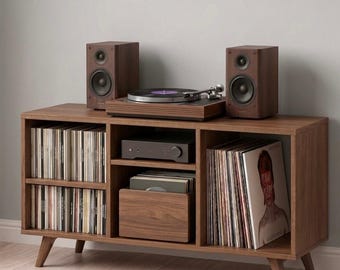 Soporte para tocadiscos de vinilo de estilo moderno de mediados de siglo, mueble para tocadiscos, consola de almacenamiento, mueble multimedia de madera, estante para equipos de alta fidelidad, muebles de audio minimalistas.