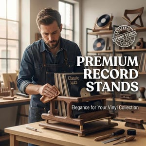 May include: A craftsman working on a wooden record stand. The stand is made of dark wood with brass accents and holds vinyl records. The image includes the text "PREMIUM RECORD STANDS" and "Elegance for Your Vinyl Collection."
