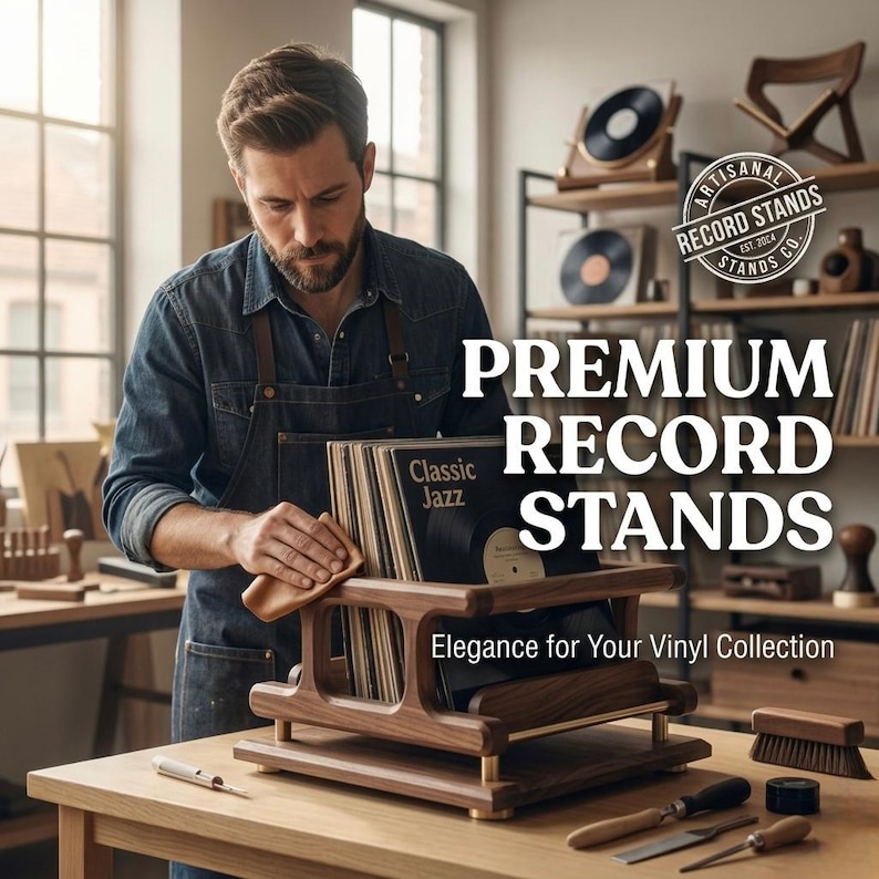 May include: A craftsman working on a wooden record stand. The stand is made of dark wood with brass accents and holds vinyl records. The image includes the text "PREMIUM RECORD STANDS" and "Elegance for Your Vinyl Collection."
