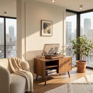 May include: A walnut wood media console with a record player on top, featuring an open shelf with stacked magazines and a closed cabinet door. The console stands on four tapered legs and is positioned near a cream armchair and a potted plant.