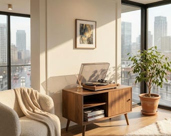May include: A walnut wood media console with a record player on top, featuring an open shelf with stacked magazines and a closed cabinet door. The console stands on four tapered legs and is positioned near a cream armchair and a potted plant.