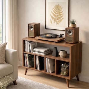 Puede incluir: Una consola de tocadiscos de madera con un tocadiscos, dos altavoces y una colección de libros. La consola tiene un diseño moderno de mediados de siglo con un acabado marrón cálido. También se ve una impresión enmarcada de helecho y una pequeña planta en maceta.