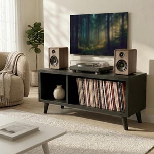 May include: A modern entertainment center with a black cabinet, holding a collection of vinyl records. Two wooden speakers flank a turntable. A large TV displays a forest scene. A white vase sits in a cubby.