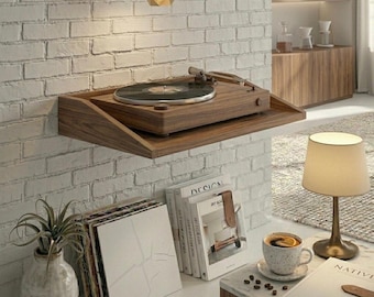 Floating Turntable Shelf Wall Mount, Vinyl Record Player Stand, MDF HiFi Audio Shelf, Minimalist Mid Century Modern Record Player Shelf